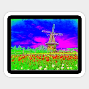 Windmill with Tulips Abstract Surreal Psychedelic Netherlands Scenic Print Sticker